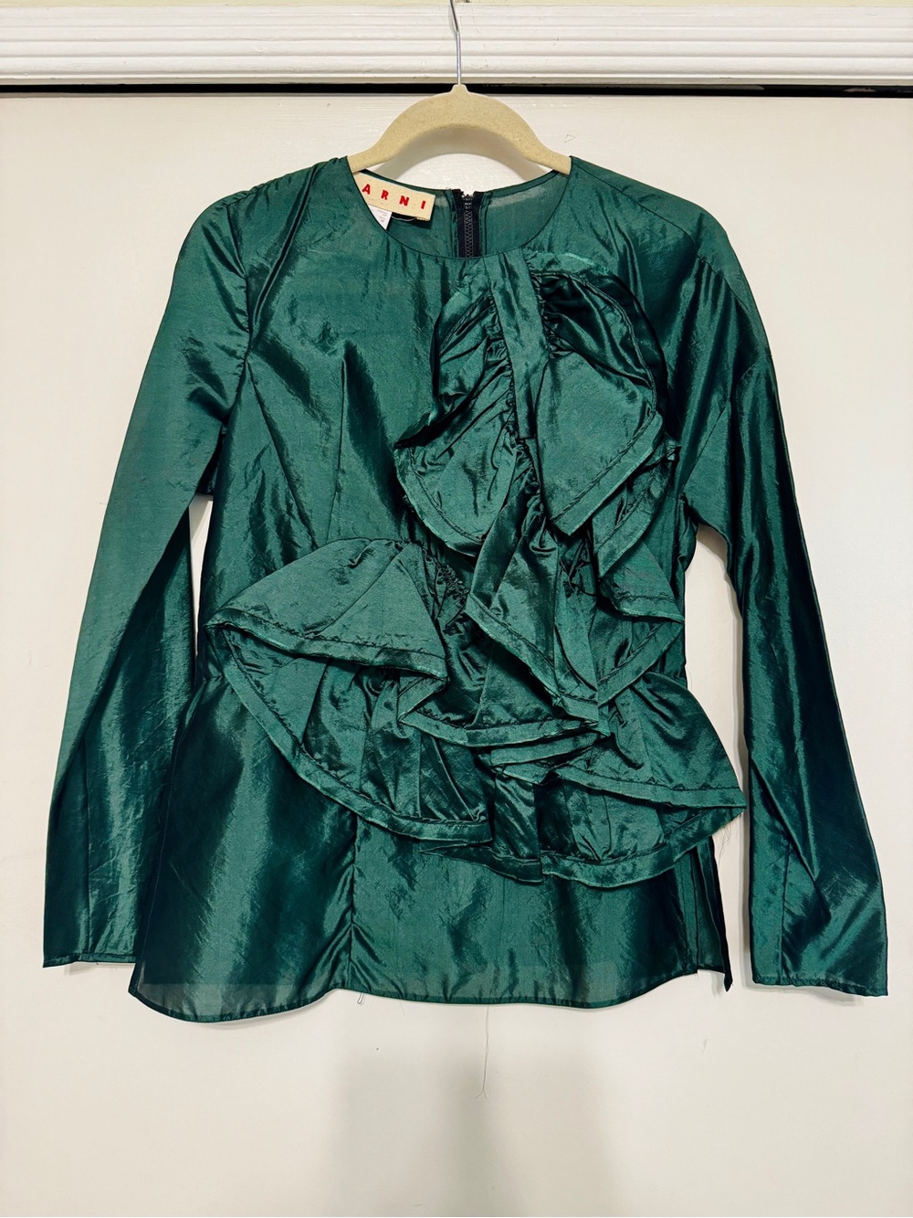 Marni Deep Emerald Silk Taffeta Ruffle-Front Long Sleeve Blouse